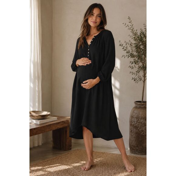 Hatch Dresses & Skirts - HATCH Black Relaxed Button Up Henley Maternity Midi Dress  Women's Size 1